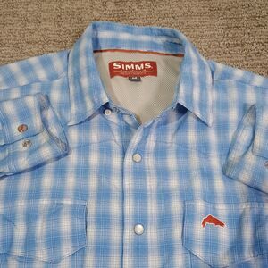 SIMMS Big Sky Men’s Medium Blue  Blue Plaid Button Down Fishing Shirt